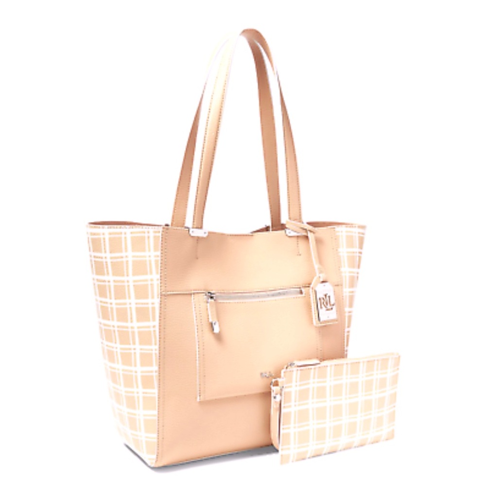 Lauren Ralph Lauren Beige Checkered Tote with Pouch